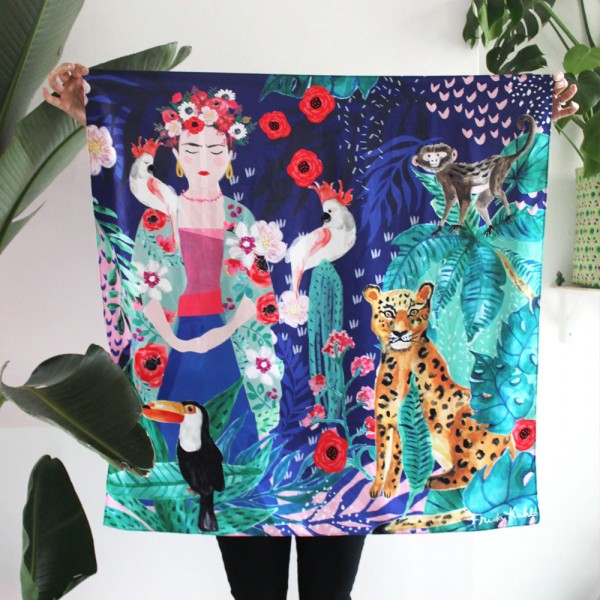 Φουλάρι Tropical με τη Frida Kahlo και ζώα της ζούγκλας σε έντονα χρώματα από την Disaster Designs